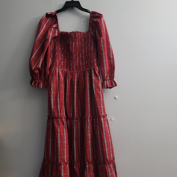 J.Marie Rayna Plaid Square Neck Ruched Puff Sleeve Midi Dress - Picture 4 of 8